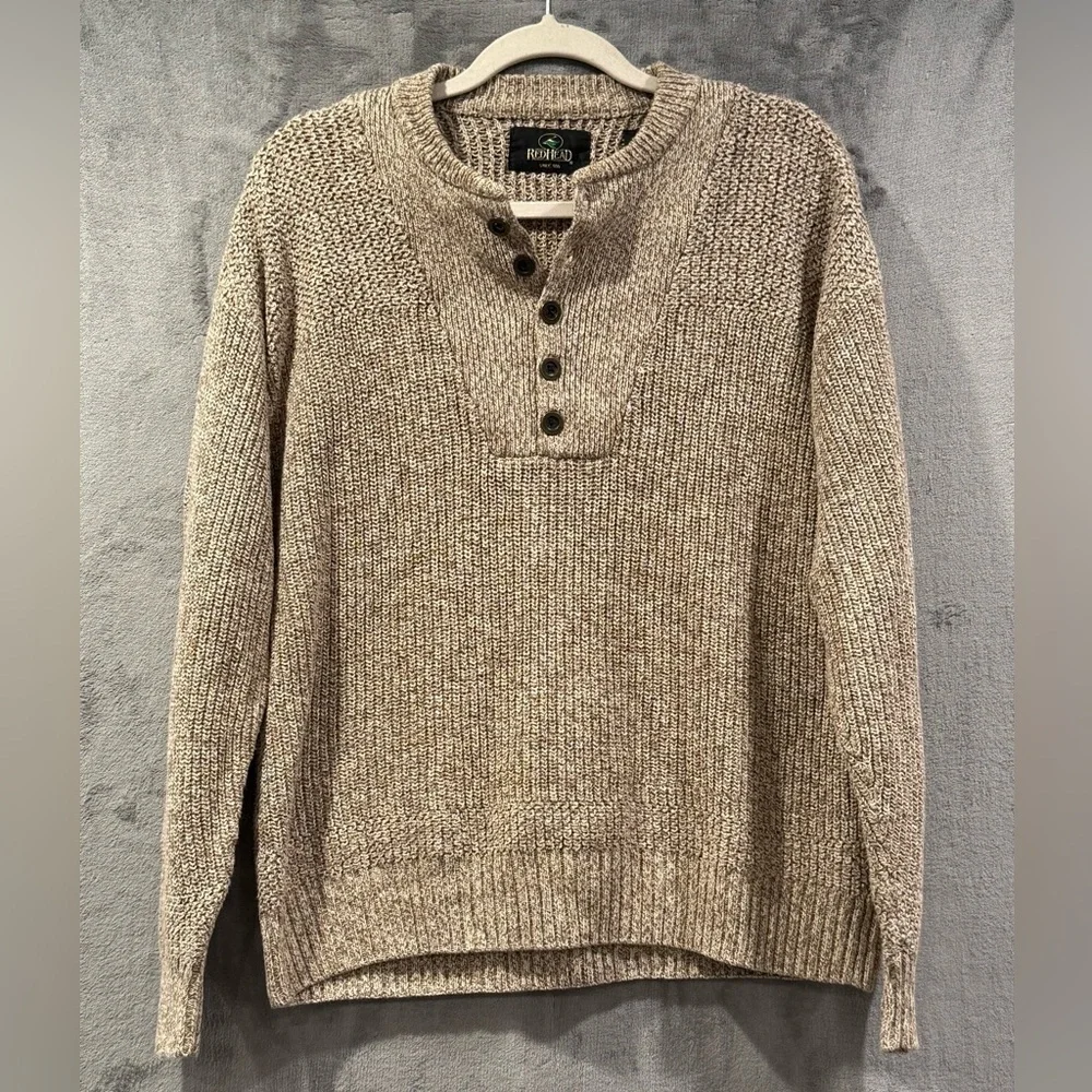 Red Head Beige Herringbone Pullover 1/4 Button Lightweight Sweater Size Small